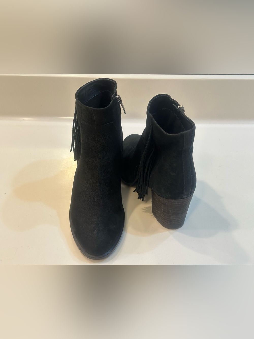 ECCO Shape 55 Black Leather Fringe Ankle Booties 3” Block Heel EU 39 / US 8–8.5